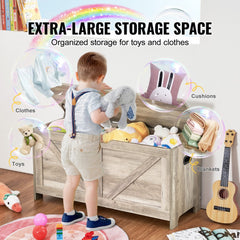 Wooden Toy Chest for Kids, Toddler Toy Storage Box with Flip-Top Lid and Safety Hinge, 38.98 x 15.55 x 18.9 Large Kids Storage Bench for Playroom, Bedroom, Living Room or Entryway, Gray