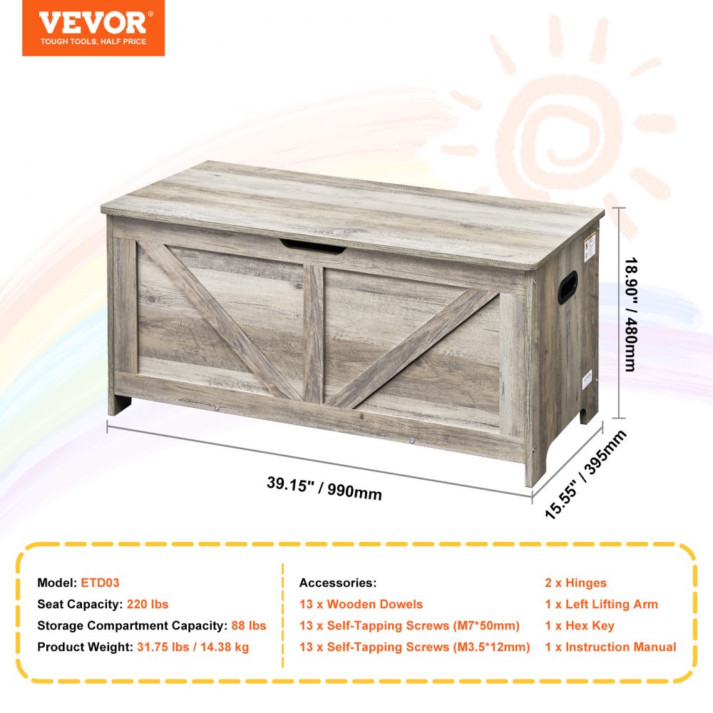 Wooden Toy Chest for Kids, Toddler Toy Storage Box with Flip-Top Lid and Safety Hinge, 38.98 x 15.55 x 18.9 Large Kids Storage Bench for Playroom, Bedroom, Living Room or Entryway, Gray