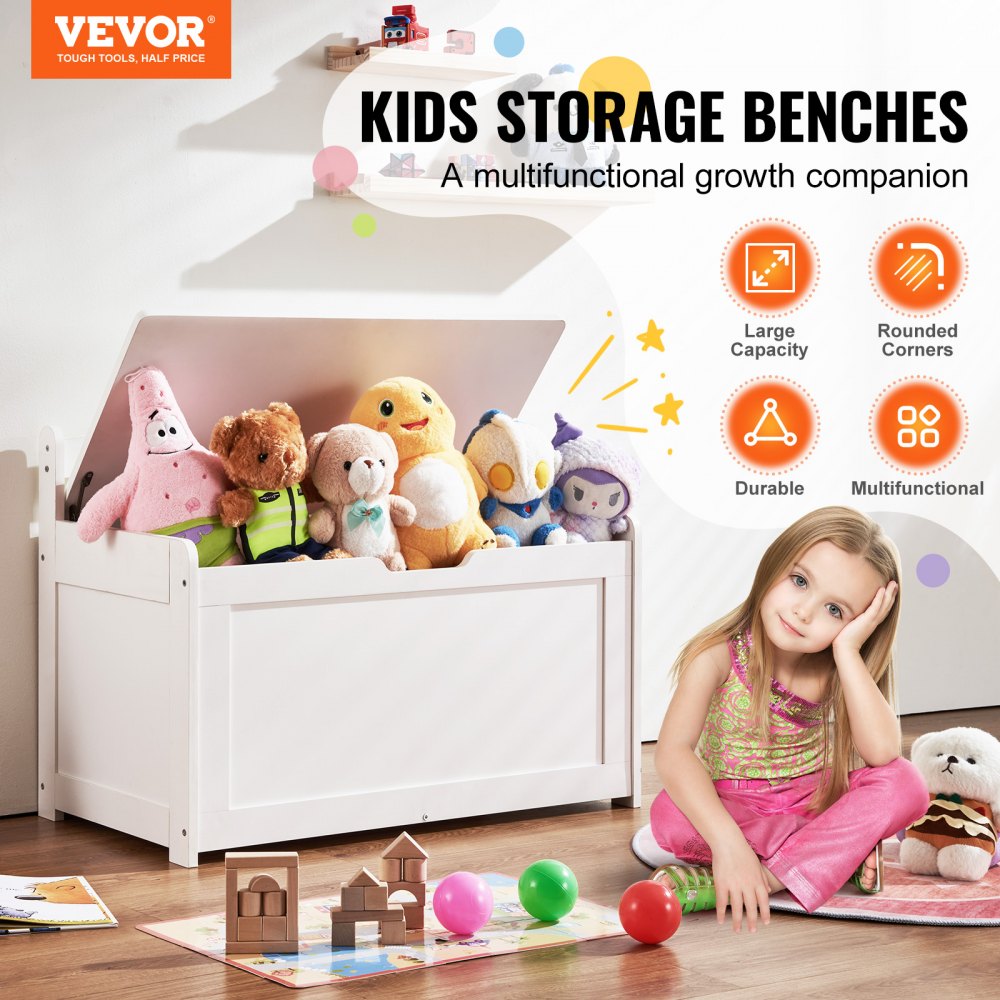 Wooden Toy Chest for Kids, Toddler Toy Storage Box with Flip-Top Lid and Safety Hinge, 32.68 x 17.91 x 24.02 Large Kids Storage Bench for Playroom, Bedroom, Living Room or Entryway, White