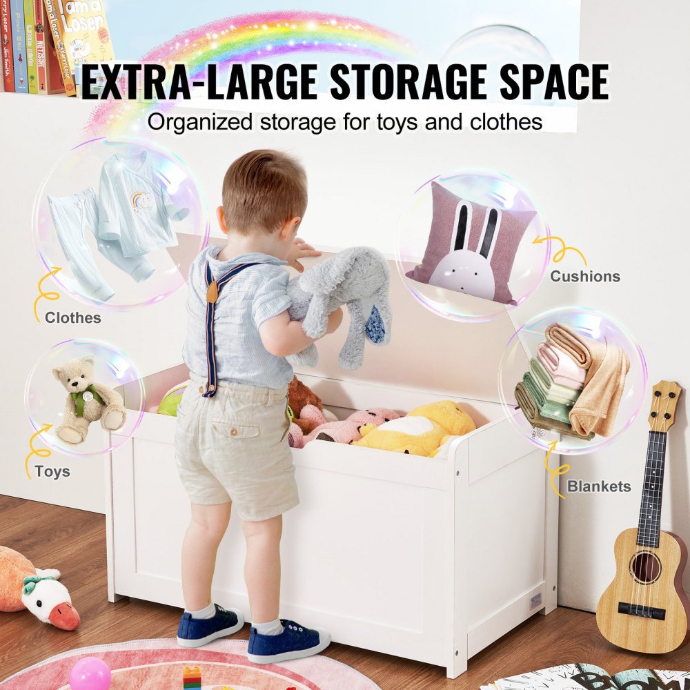 Wooden Toy Chest for Kids, Toddler Toy Storage Box with Flip-Top Lid and Safety Hinge, 32.68 x 17.91 x 24.02 Large Kids Storage Bench for Playroom, Bedroom, Living Room or Entryway, White