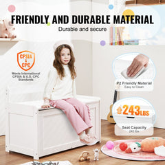 Wooden Toy Chest for Kids, Toddler Toy Storage Box with Flip-Top Lid and Safety Hinge, 32.68 x 17.91 x 24.02 Large Kids Storage Bench for Playroom, Bedroom, Living Room or Entryway, White