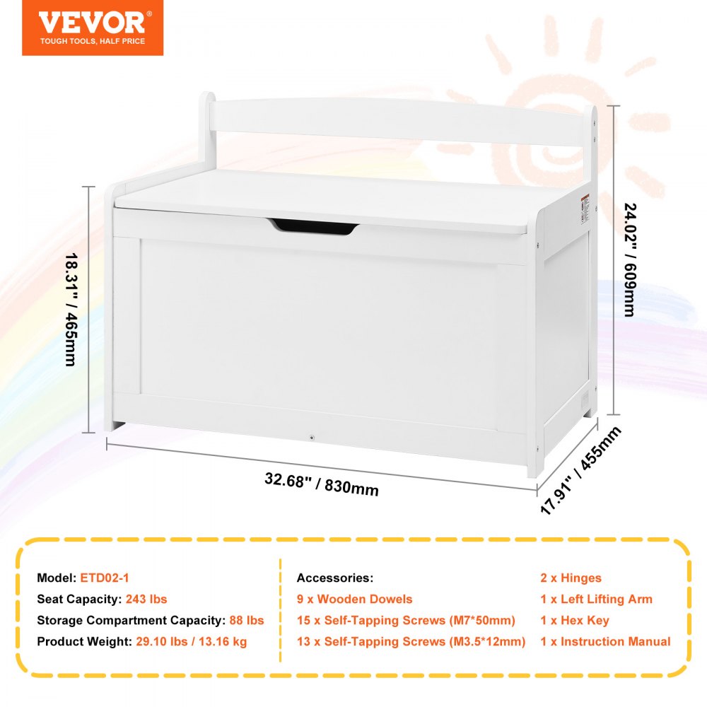 Wooden Toy Chest for Kids, Toddler Toy Storage Box with Flip-Top Lid and Safety Hinge, 32.68 x 17.91 x 24.02 Large Kids Storage Bench for Playroom, Bedroom, Living Room or Entryway, White