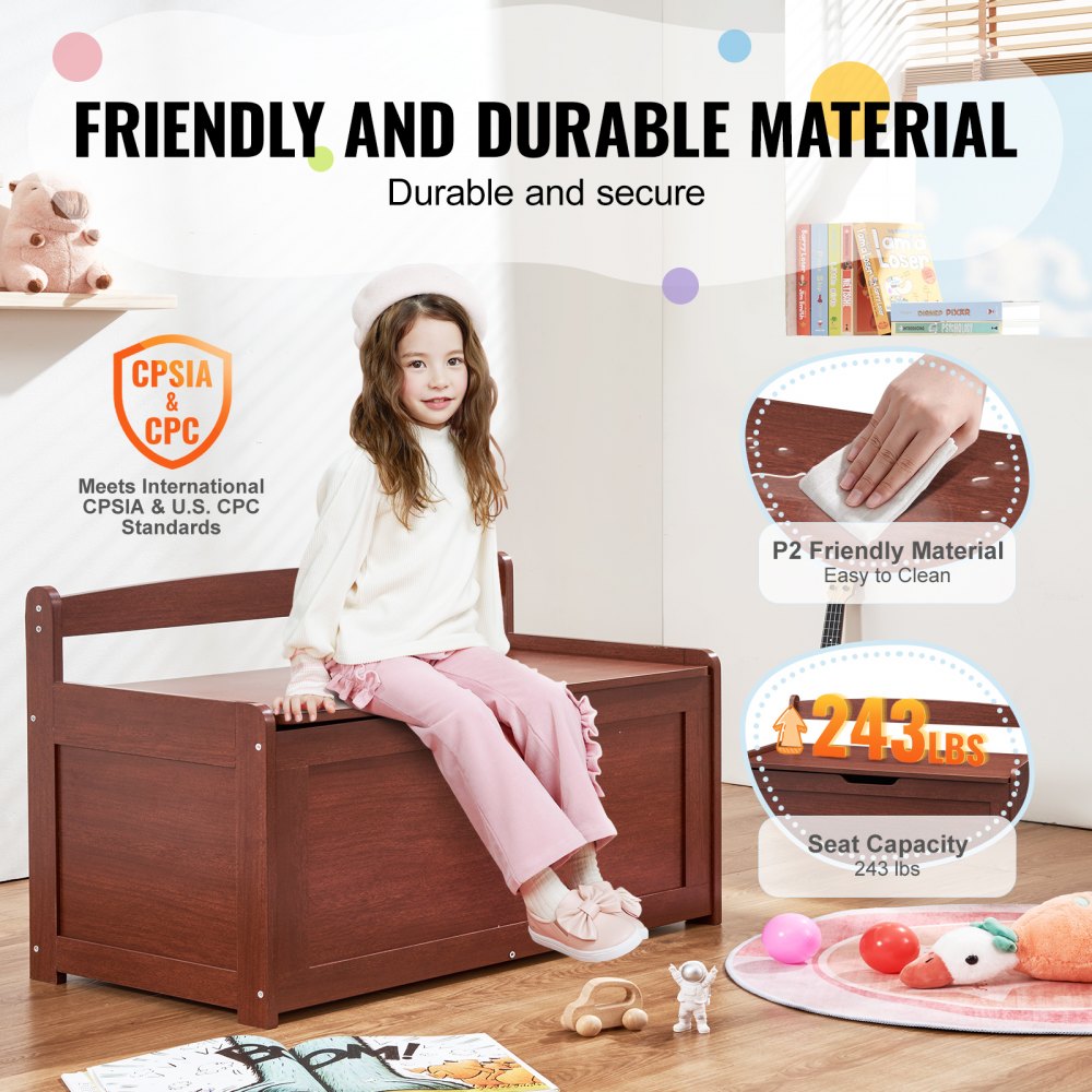Wooden Toy Chest for Kids, Toddler Toy Storage Box with Flip-Top Lid and Safety Hinge, 32.68 x 17.91 x 24.02 Large Kids Storage Bench for Playroom, Bedroom, Living Room or Entryway, Cherry