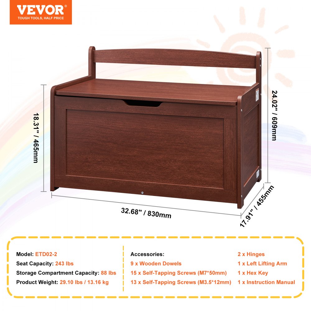 Wooden Toy Chest for Kids, Toddler Toy Storage Box with Flip-Top Lid and Safety Hinge, 32.68 x 17.91 x 24.02 Large Kids Storage Bench for Playroom, Bedroom, Living Room or Entryway, Cherry