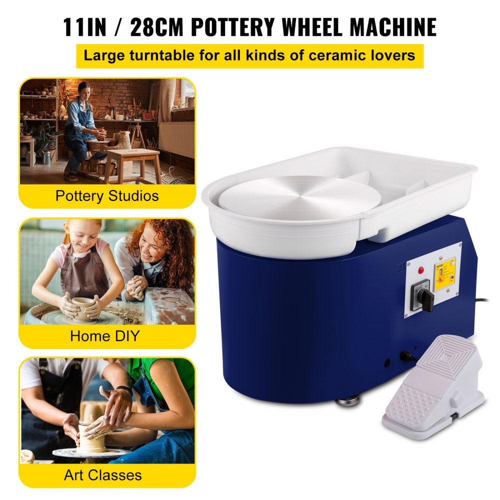 Blue Bostome 28cm electric pottery wheel with aluminum turntable and foot pedal for clay shaping.