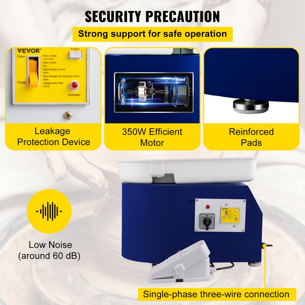Blue Bostome 28cm electric pottery wheel with aluminum turntable and foot pedal for control.