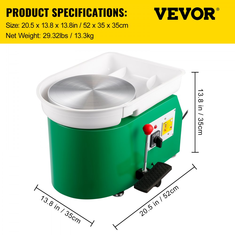 Pottery Wheel 28cm Pottery Forming Machine 350W Electric Pottery Wheel with Adjustable Feet Lever Pedal DIY Clay Tool with Tray for Ceramic Work Clay Art DIY Clay Green, 18 Piece