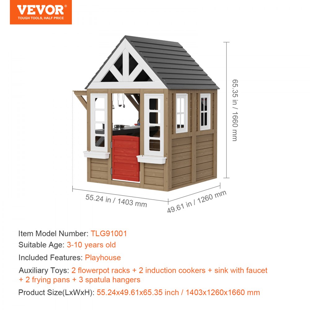 Outdoor Wooden Playhouse Kids Garden Games Cottage with Door Window Sink