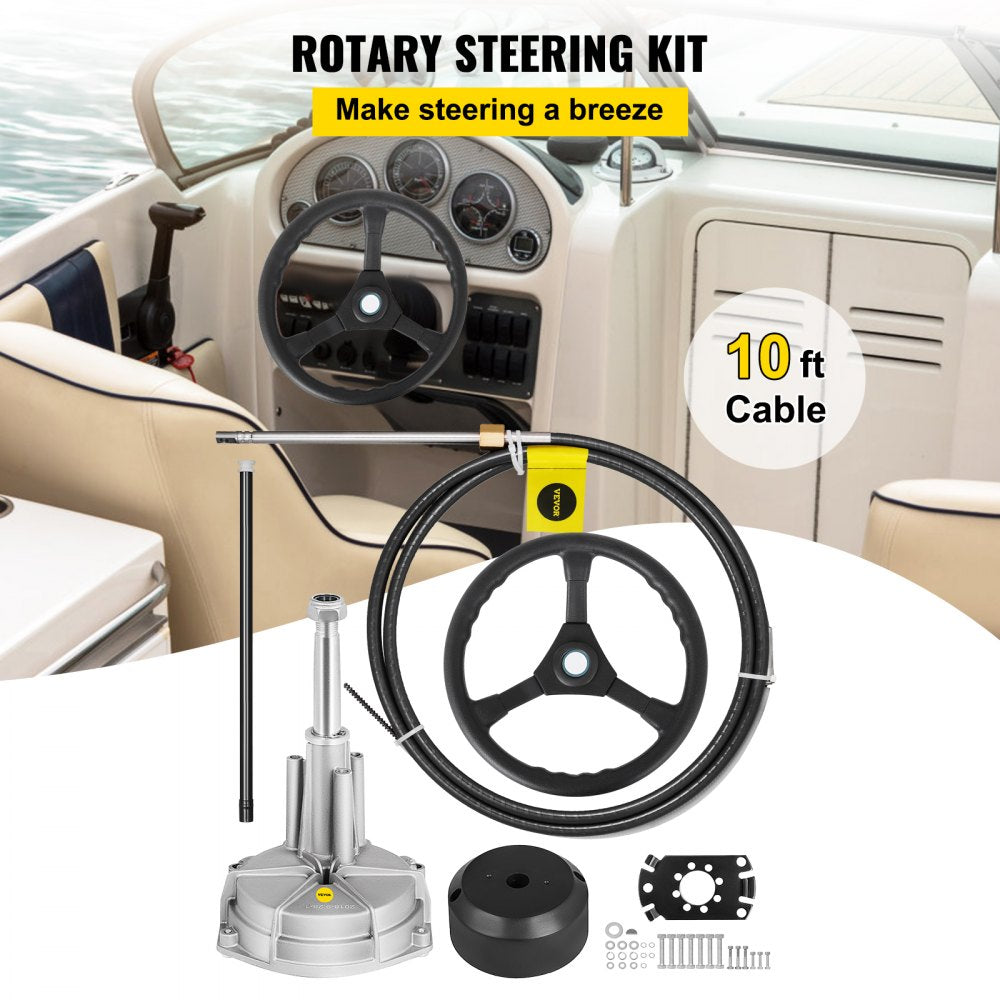 Outboard Steering System 10` Boat Steering Cable 10 Feet Marine Steering System 3/4`` Shaft with 13.5 Inch Wheel for Yachts and Waterborne Vehicles