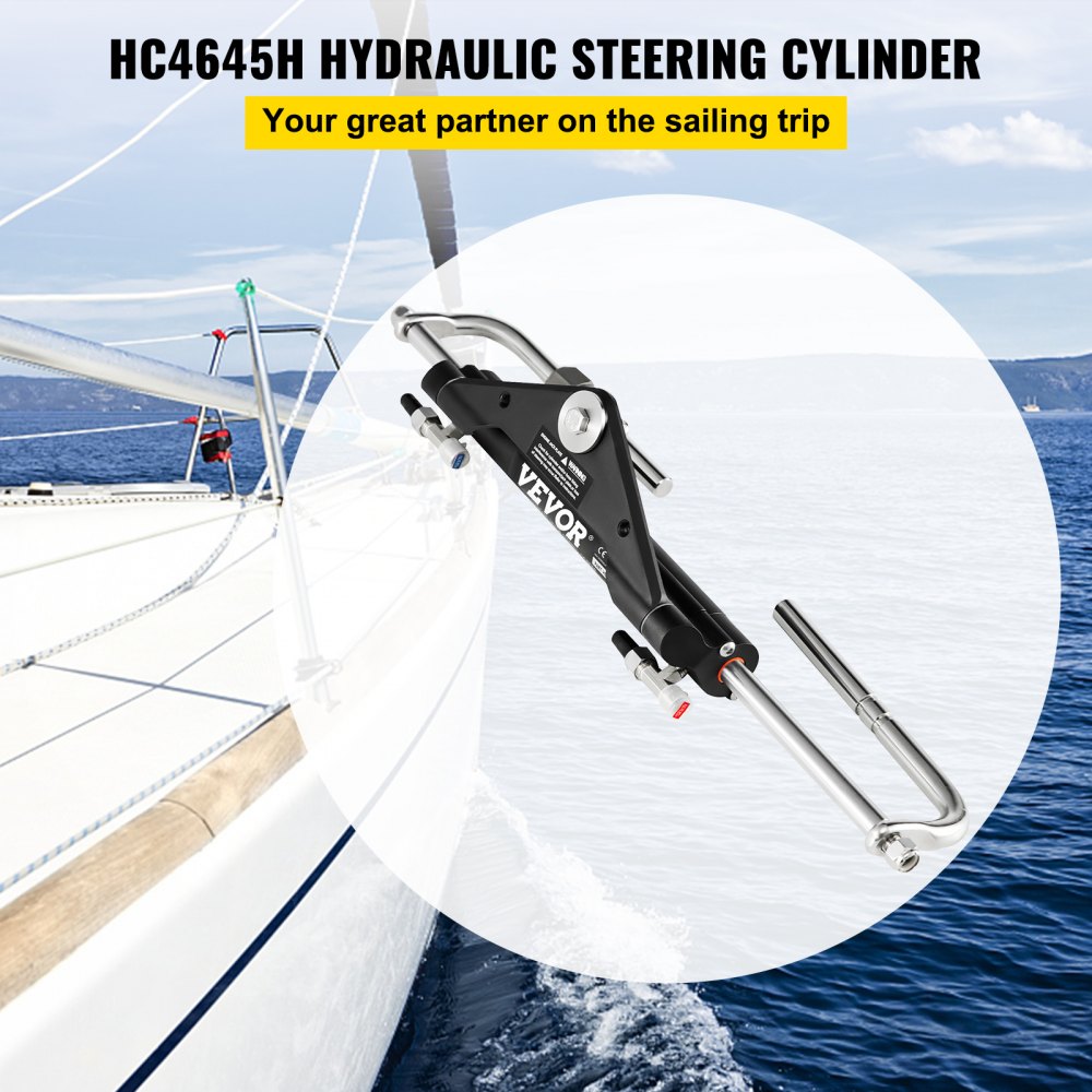 Hydraulic outboard steering cylinder with aluminum casing and stainless steel fittings for boats.