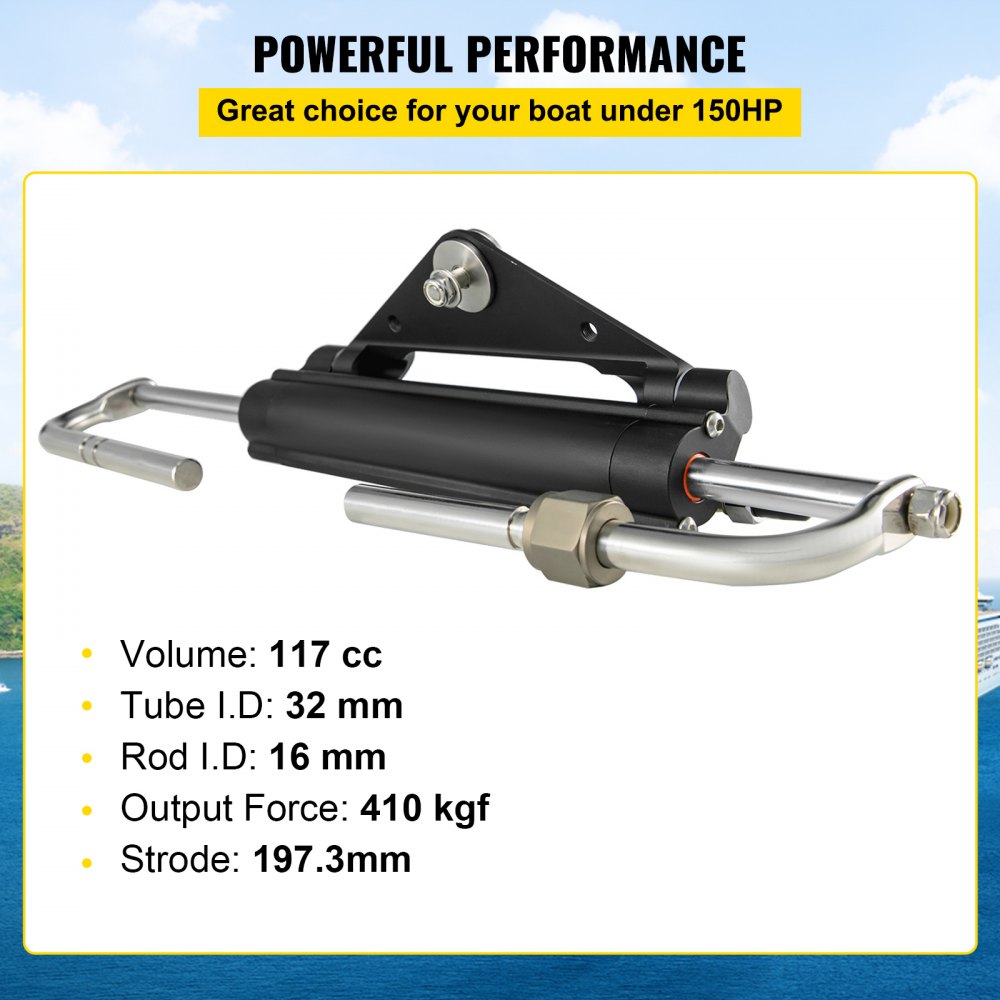 Hydraulic outboard steering cylinder with aluminum casing for boats up to 150 HP.