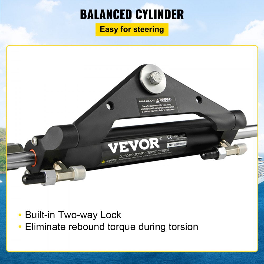 Hydraulic outboard steering cylinder with aluminum casing and stainless steel fittings.