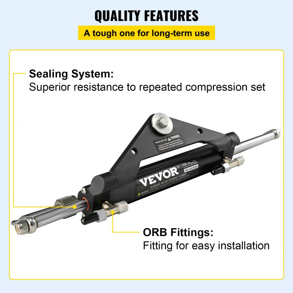 Hydraulic outboard steering cylinder with aluminum casing and stainless steel fittings for boats.