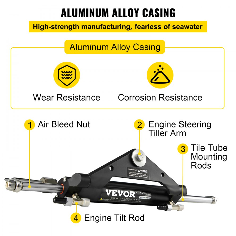 Hydraulic outboard steering cylinder with aluminum casing and stainless steel fittings.
