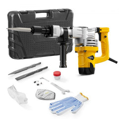 Bostome 1400W demolition jack hammer with 19J impact energy, 2 chisel bits, case, and accessories.