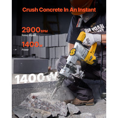 Worker using Bostome 1400W demolition jack hammer to break concrete, showing 2900 BPM and 1400W specs.