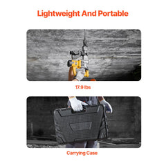 Lightweight 1400W demolition jack hammer with 17.9 lbs weight, 19J impact, and carrying case.