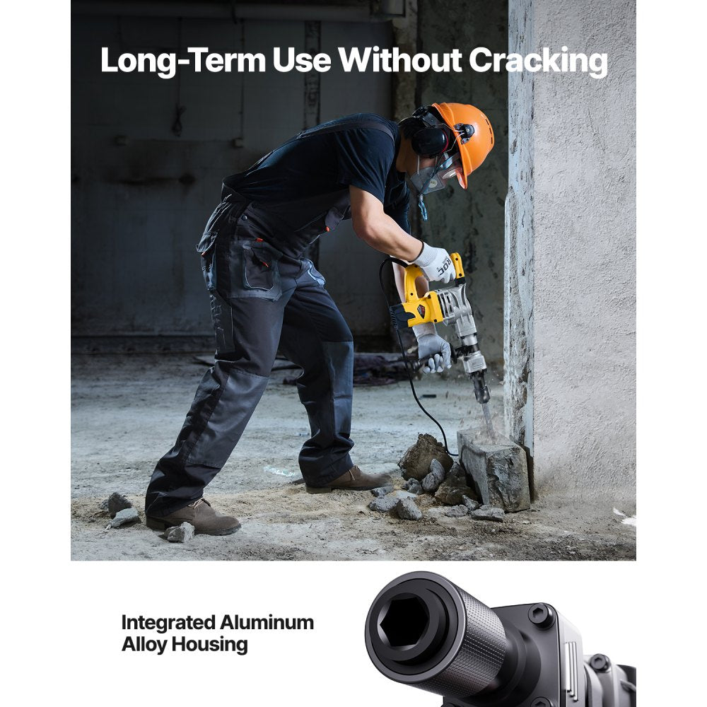 Man using Bostome 1400W demolition jack hammer on concrete wall with debris.