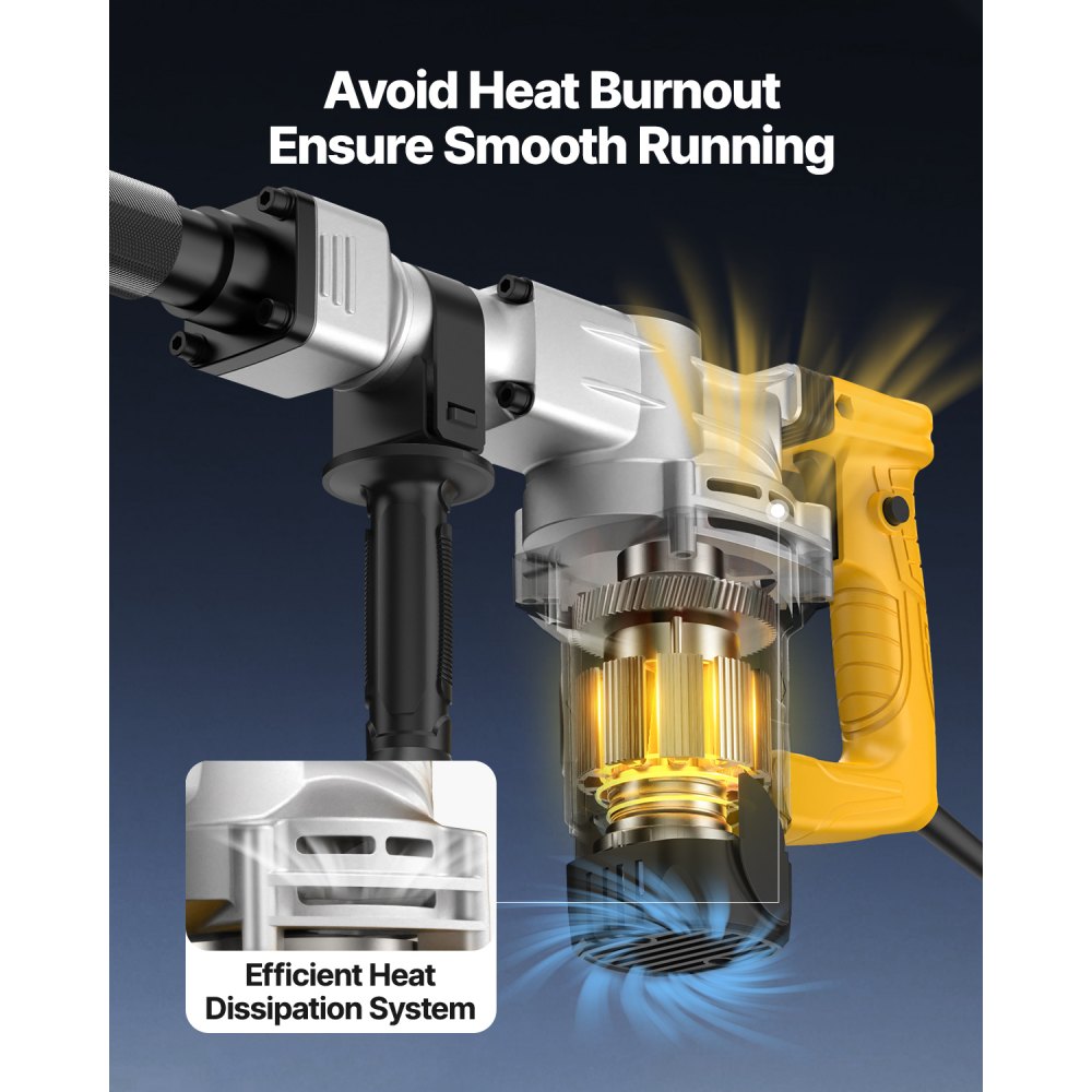 Bostome 1400W demolition jack hammer with efficient heat dissipation system and yellow handle.
