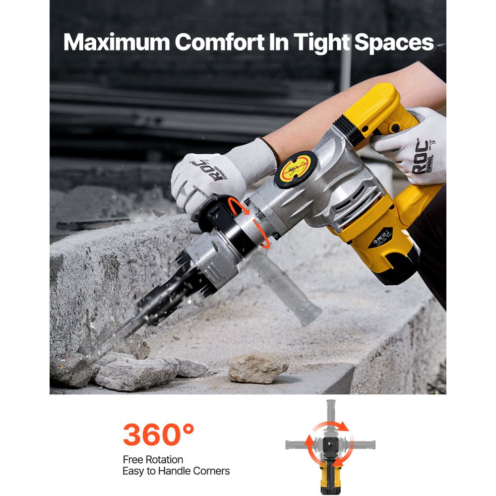 Yellow Bostome 1400W demolition jack hammer with 360-degree rotating handle, held by gloved hand drilling into rock.