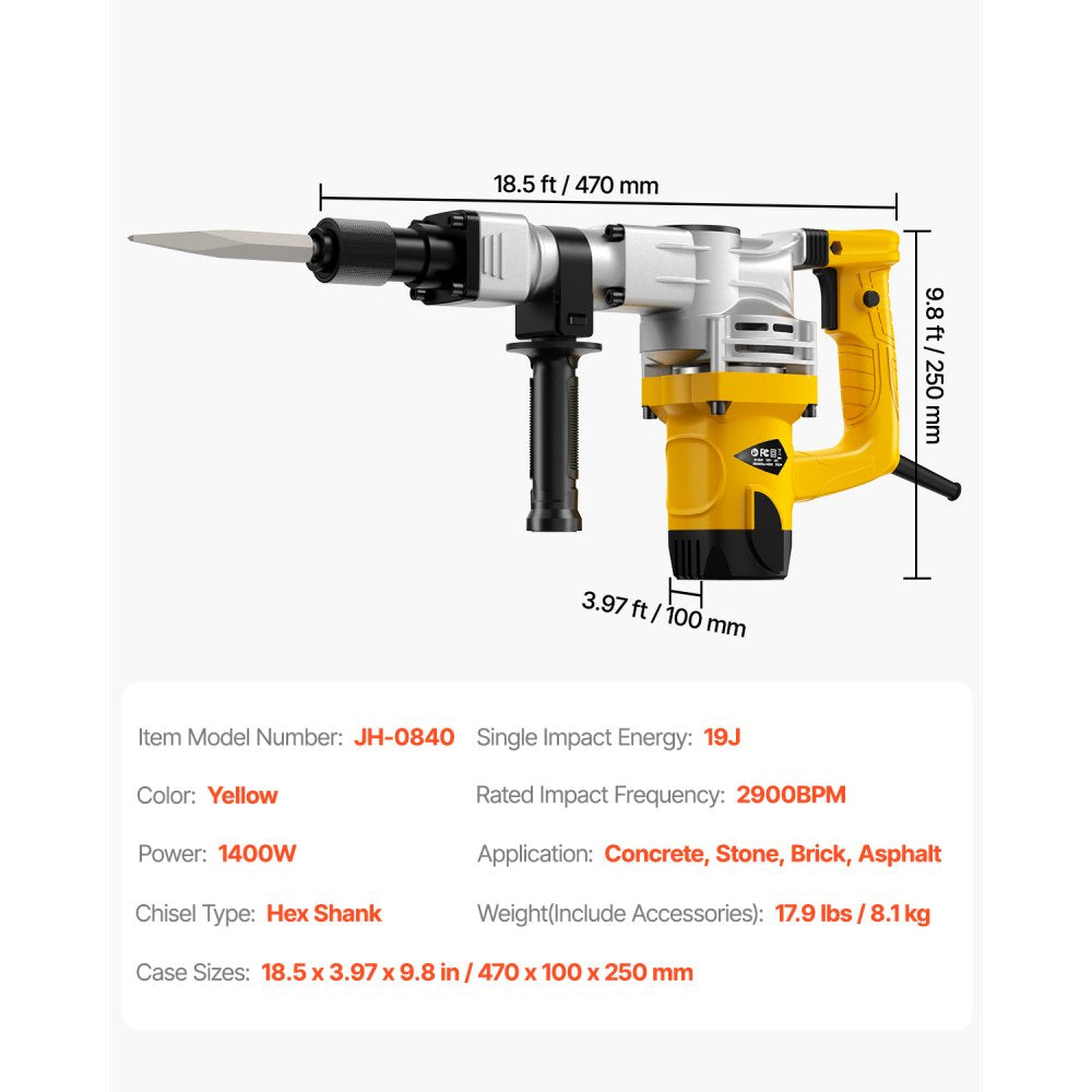 Yellow 1400W demolition jack hammer with hex shank chisels and dimensions shown.