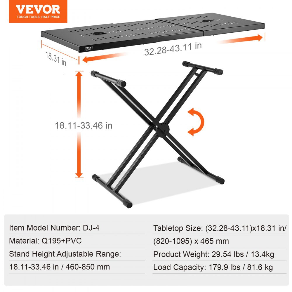 Portable DJ Table with Double-X Braced Keyboard Stand Adjustable Height