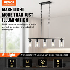 5-Light Kitchen Island Pendant Lights 60W Adjustable Dining Room Light E26
