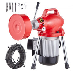 Red 250W sectional drain cleaner machine with 66ft cable, auger, and accessories.