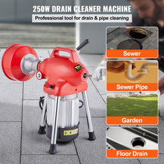 Red 250W sectional drain cleaner machine with 66-foot 5/8-inch auger cable and handle.