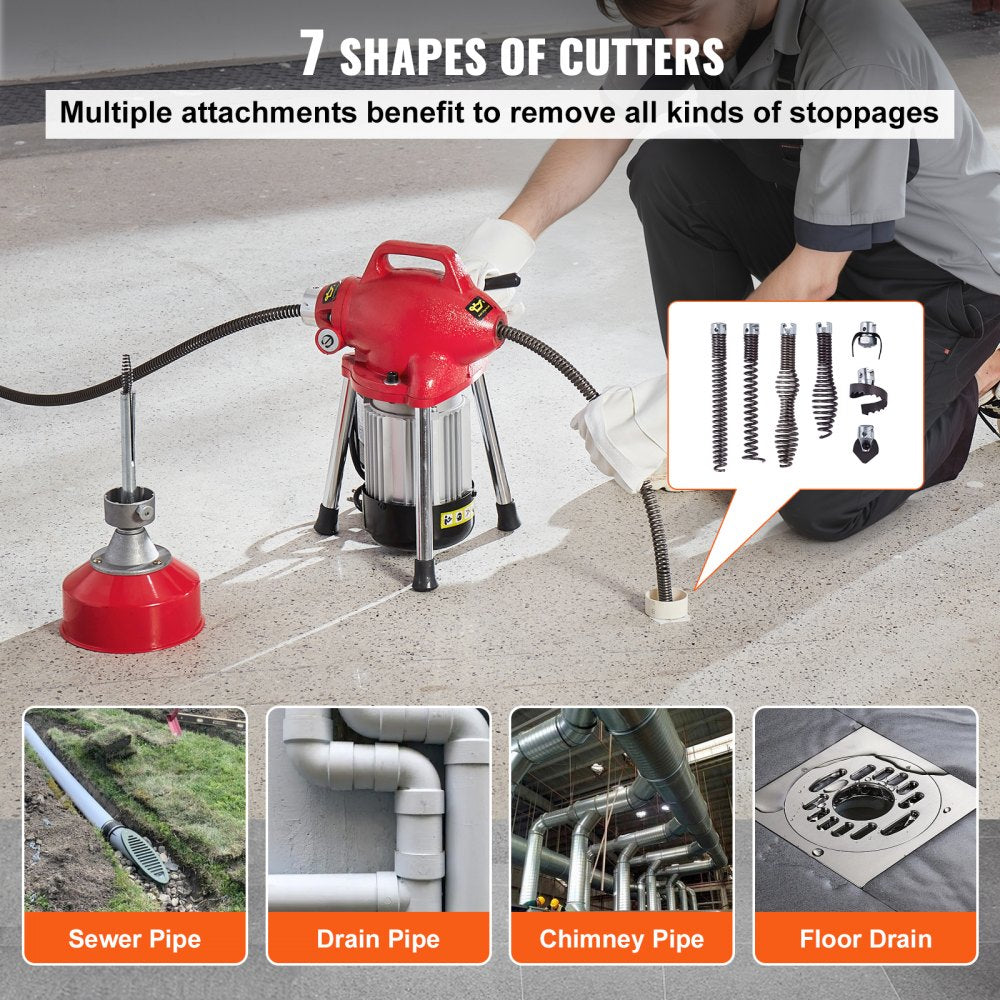 Bostome 250W drain cleaner machine with 66FT sectional auger, 7 cutters, and red handle on stand.