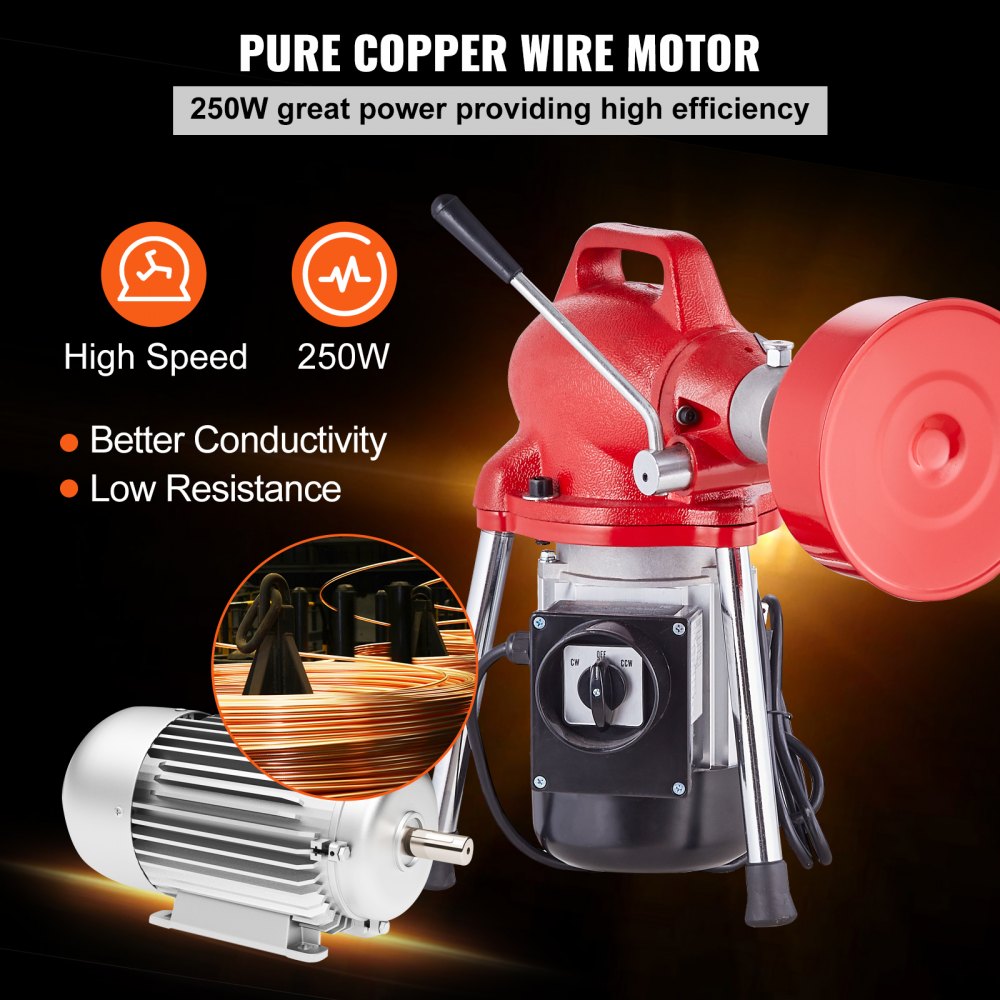 Red sectional drain cleaner machine with 250W copper motor, 66ft cable, and manual crank.
