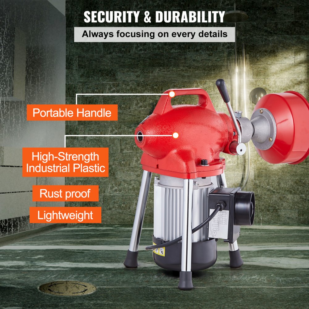 Red sectional drain cleaner machine with 66ft cable, 250W motor, portable handle, high-strength rust-proof plastic, and lightweight frame.