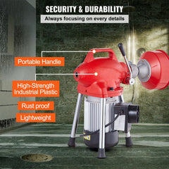Red sectional drain cleaner machine with 66ft cable, 250W motor, portable handle, high-strength rust-proof plastic, and lightweight frame.