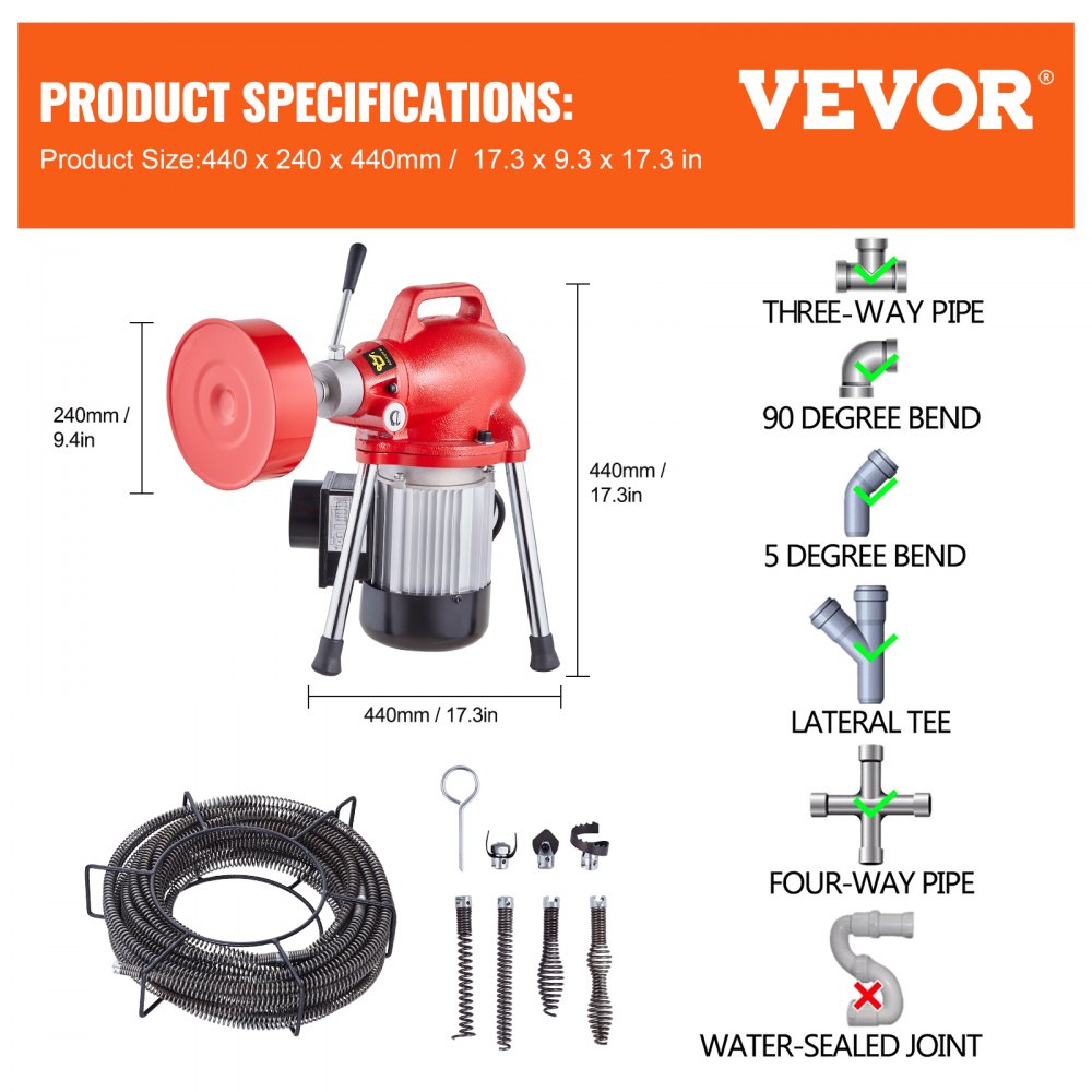 Red Bostome drain cleaner machine with 66ft cable, 250W motor, and pipe fittings diagram.