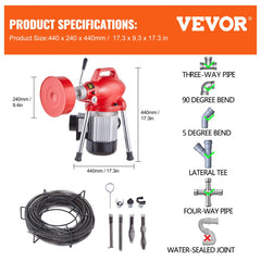 Red Bostome drain cleaner machine with 66ft cable, 250W motor, and pipe fittings diagram.