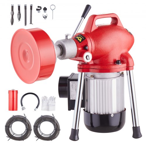 Red 370W sectional drain cleaner machine with 120ft 5/8in auger, cutters, and gloves.