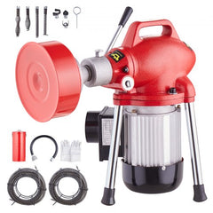 Red 370W sectional drain cleaner machine with 120ft 5/8in auger, cutters, and gloves.