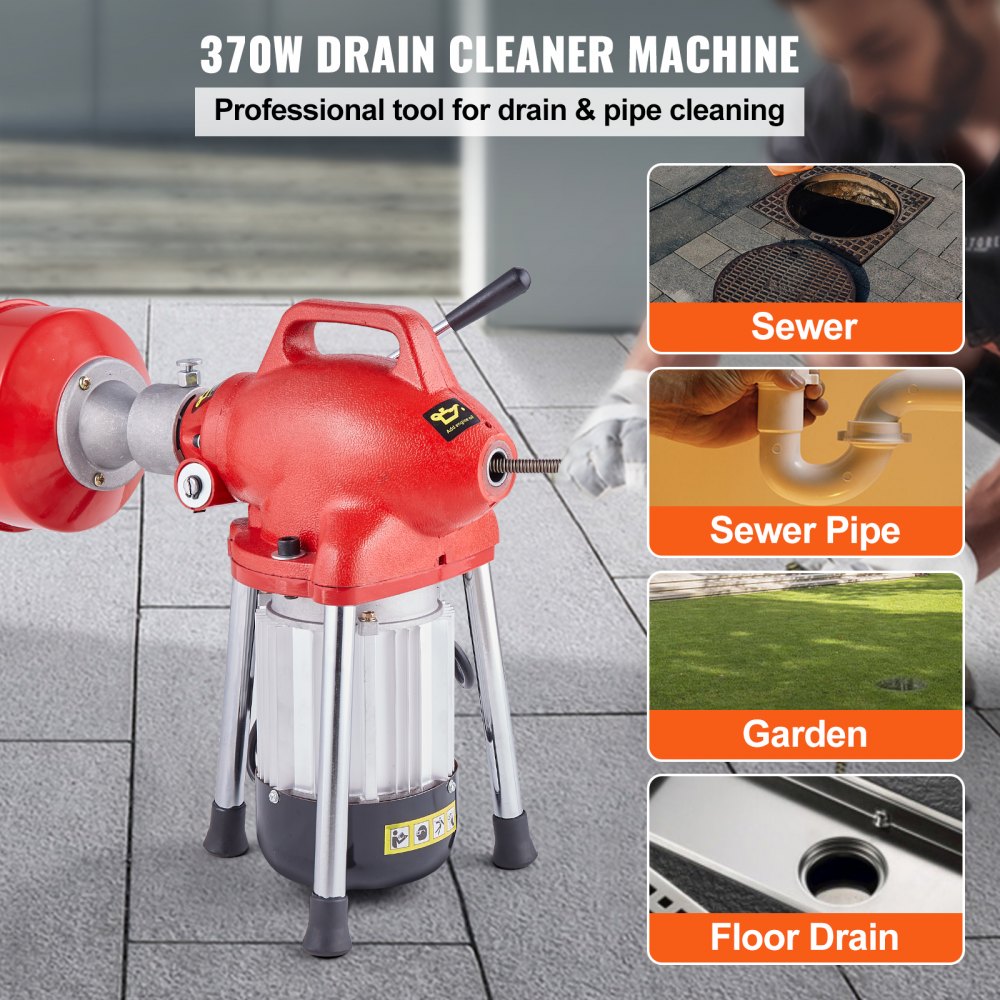 Red 370W sectional drain cleaner machine with 120FT 5/8In auger on stand.