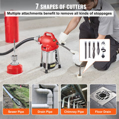 Red sectional drain cleaner machine with 120-foot cable, 7 cutters, and attachments for sewer, drain, chimney, and floor pipes.