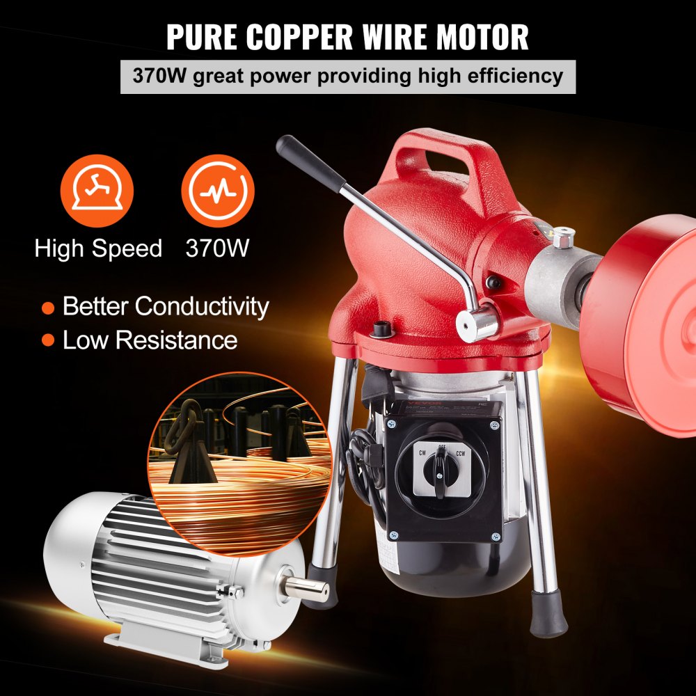 Red sectional drain cleaner machine with 370W motor, 120ft cable, and 5/8in auger.