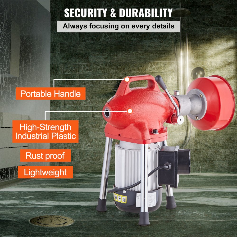 A red and silver drain cleaner machine with a portable handle and industrial plastic housing.