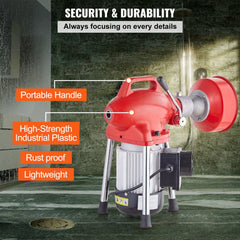 A red and silver drain cleaner machine with a portable handle and industrial plastic housing.