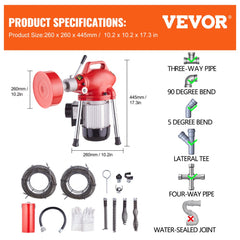 Bostome 370W drain cleaner machine with 120ft 5/8in sectional auger, cutters, and accessories.