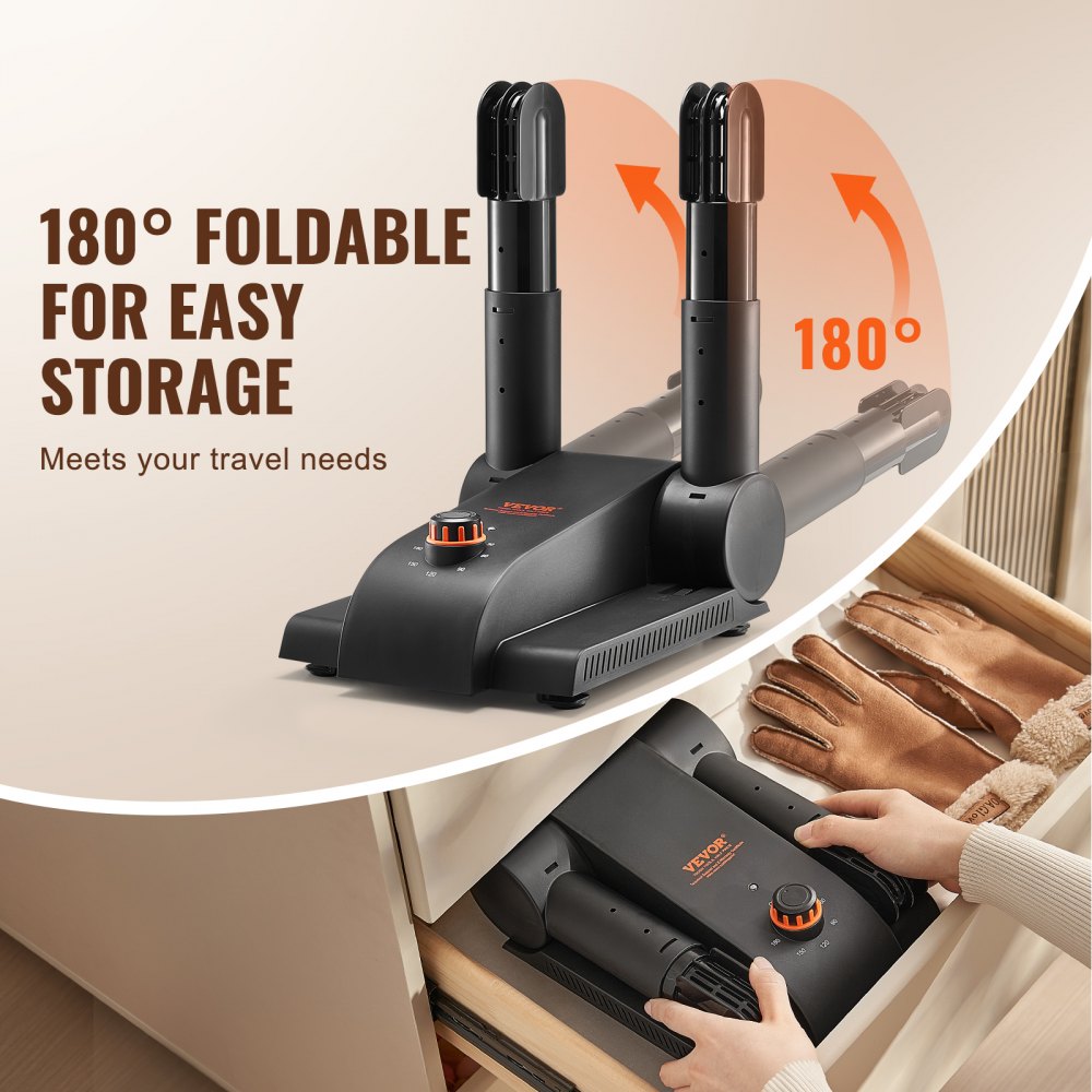 180° Foldable 2-Tube Shoe Dryer Boot Dryer with Heat Blower Black & Orange,Ultra Silent, Quick Drying for Work Boots, Ski Boots, Sneakers, Gloves, Hats, Helmets