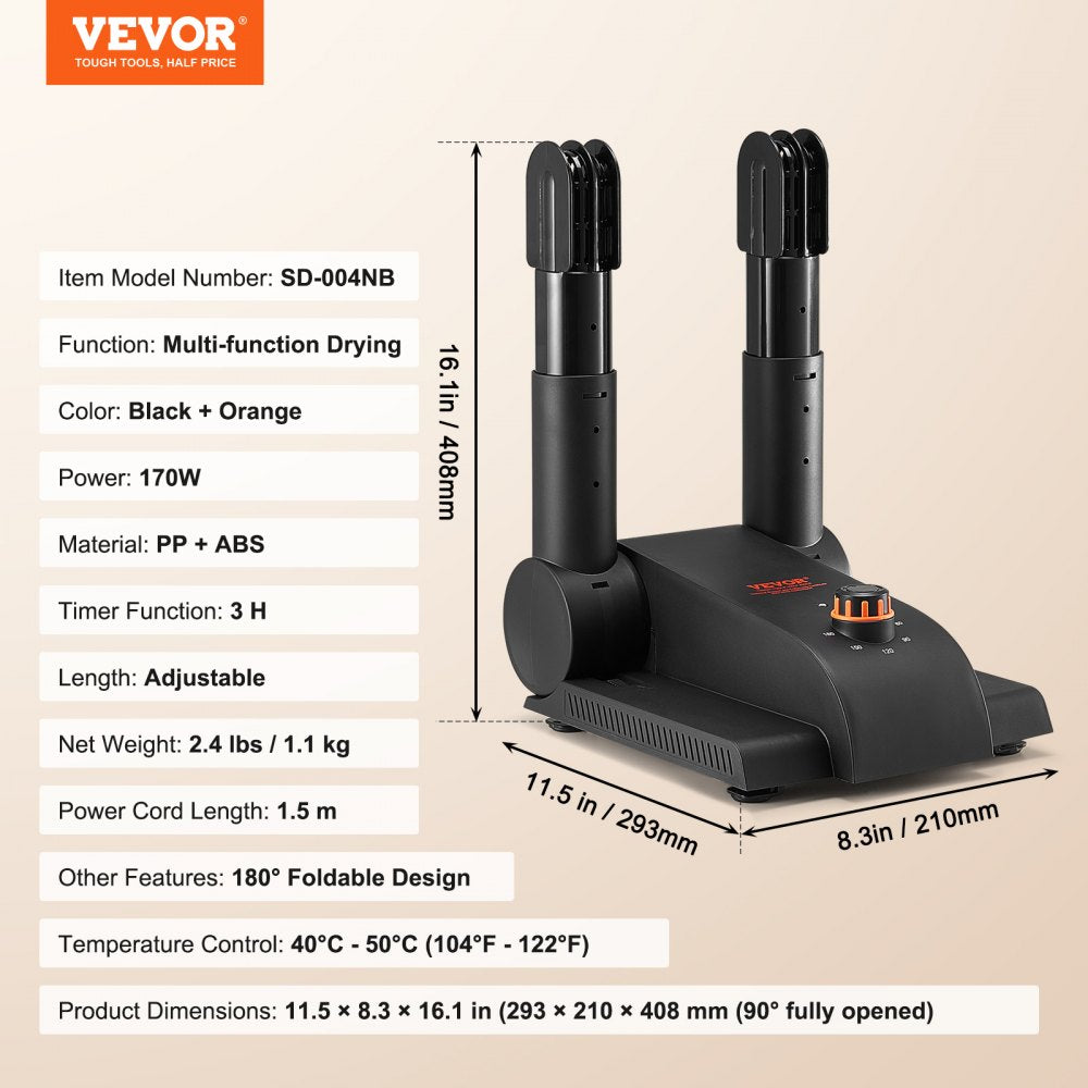 180° Foldable 2-Tube Shoe Dryer Boot Dryer with Heat Blower Black & Orange,Ultra Silent, Quick Drying for Work Boots, Ski Boots, Sneakers, Gloves, Hats, Helmets