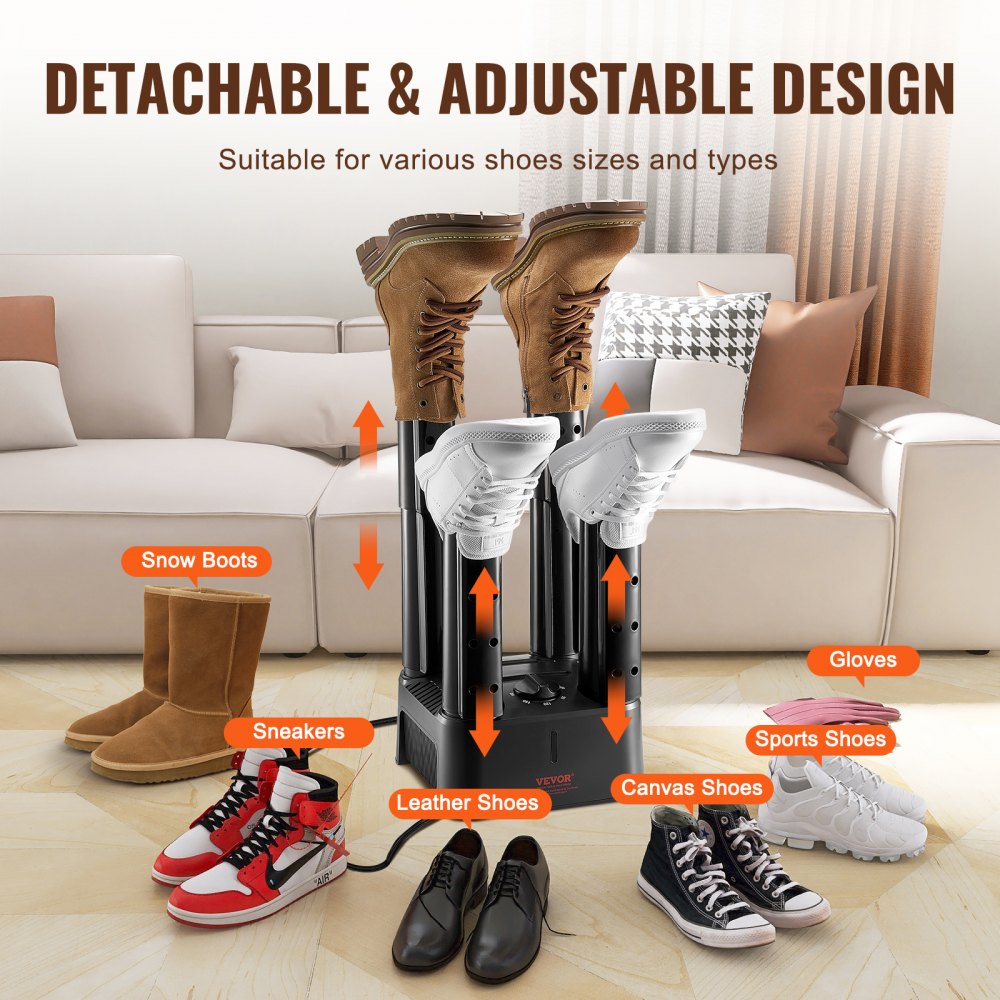 Detachable 4 Tubes Shoe Dryer with Heat Blower & Timer Black & Orange,Ultra Silent, Quick Drying for Work Boots, Ski Boots, Sneakers, Gloves, Hats, Helmets