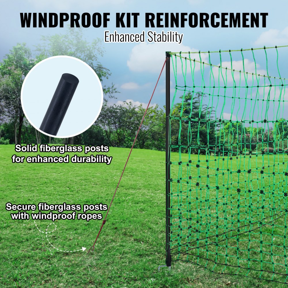 Electric fence netting in green, 48 inches tall and 100 feet long, with double-spiked stakes.