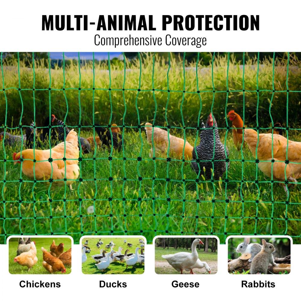 Green electric fence netting encloses chickens, ducks, geese, and rabbits in a grassy field.