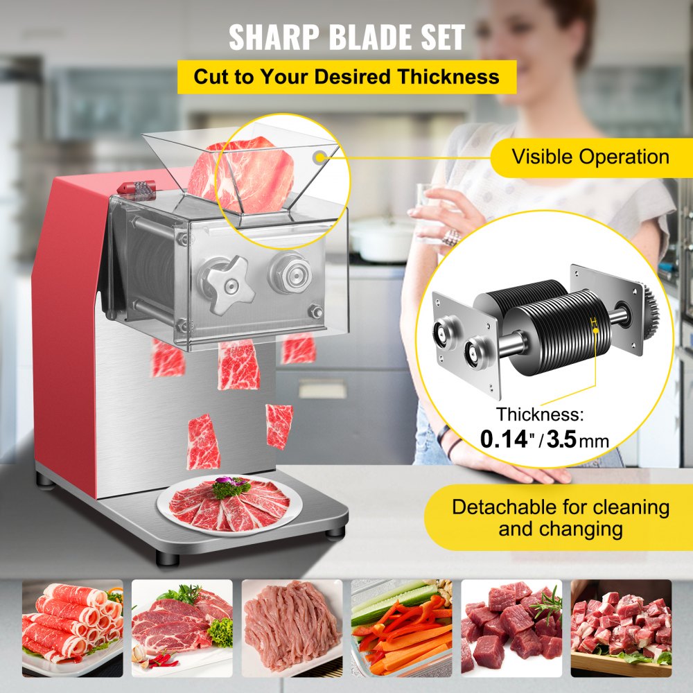 Commercial Meat Cutting Machine, 551 Lbs/H 850W Meat Shredding Machine, 3.5mm Blade Electric Meat Cutter, Stainless Steel Restaurant Food Cutter, for Kitchen Supermarket Lamb Beef Chicken, Red