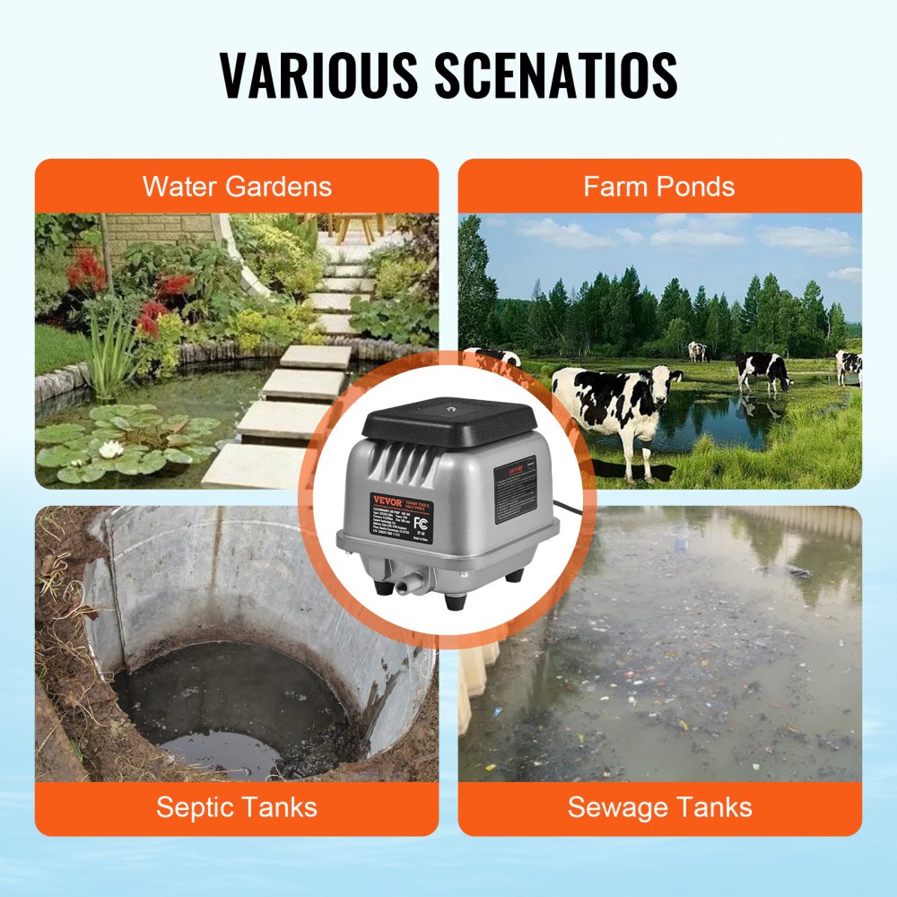 Linear Air Pump, 90L/Min Air Flow Septic Aerator Pump, Aeration System for 1/4 Acre 10 FT Deep Ponds, Water Gardens, Waste Treatment, Septic Tanks, Aquariums, Seafood Restaurants, Fish Farms